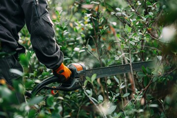 Naklejka premium Gardener trimming bushes with electric hedge trimmer in garden