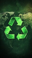 Green recycle symbol on world map.
