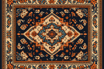 A black and orange rug with a design of flowers. The rug is on a wooden floor.