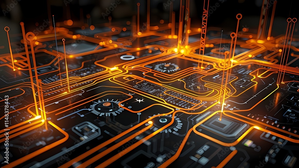 Poster blue electronic circuit board with processor and chip components highlighting technology and digital