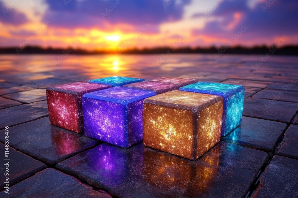 Poster a pixel art depiction of geometric shapes forming a retro game landscape, with colorful blocks and g