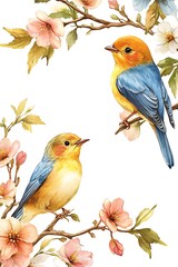 Elegant illustration of colorful birds perched on blossoming branches capturing the beauty of nature in springtime harmony