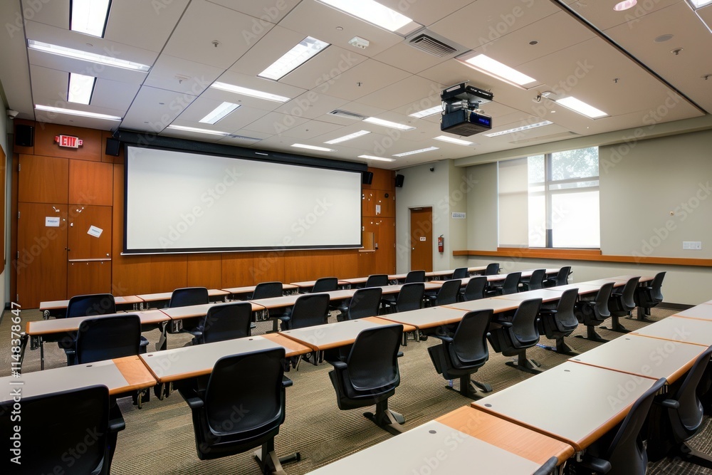 Poster empty classroom with projector and screen ready for lecture