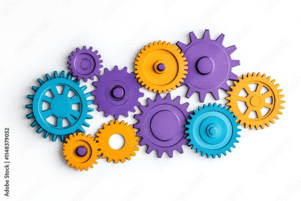 Poster a playful 2d illustration of colorful gears interlocked in a whimsical arrangement, set against a cr