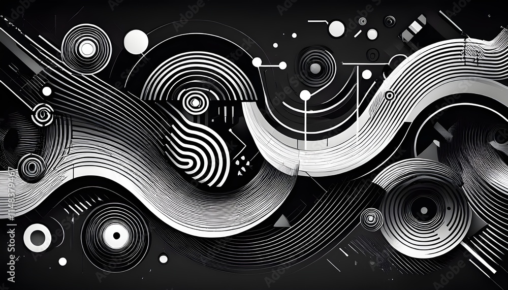 Poster black and white abstract background with geometric patterns and lines