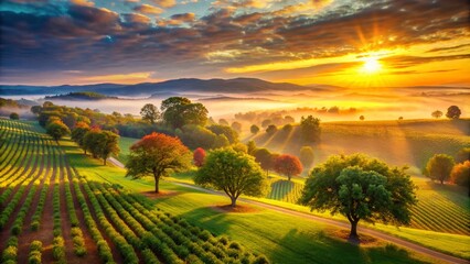 Fototapeta premium Sunrise Panoramic Walnut Run Farm: Breathtaking Rural Landscape Photography