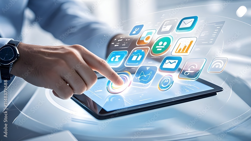 Poster a person holding a tablet with social network icons on the screen, representing communication and di