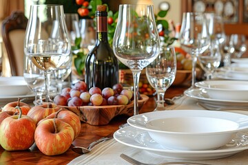 Elegant dining table set for a festive gathering with wine and fresh fruits in a warm atmosphere