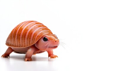 Obraz premium A cute fictional pink armadillo creature with an orange striped shell stands on a white background.