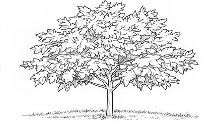Single Tree Illustration, Black and White Vector Outline Drawing for Coloring, Nature Design Element
