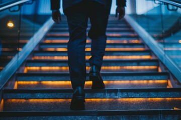 Obraz premium Businessman walking up illuminated stairs in modern building