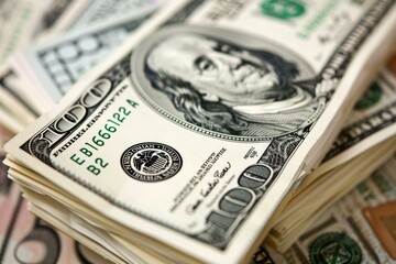 Stack of one hundred dollar bills showing benjamin franklin portrait