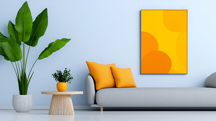 A modern living room featuring a gray sofa, yellow cushions, a small table with plants, and a vibrant yellow artwork on the wall.