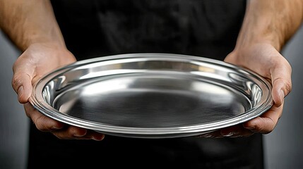 A person holding a shiny, circular metal platter, ready for serving food or drinks.