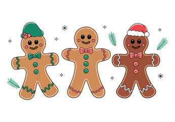 Set of gingerbread men Christmas icons. Holiday winter symbols in flat design, featuring colorful cartoon style illustrations. Perfect for festive decorations and seasonal designs.