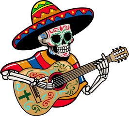 Day of the Dead Mexican Skull Playing Guitar Cartoon Character Illustration