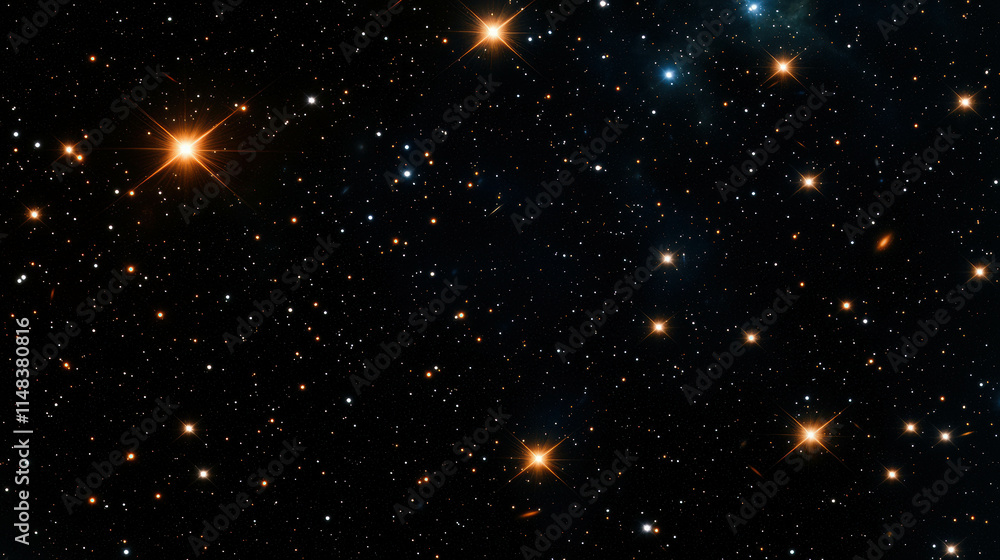 Poster cluster of sparkling star-like lights scattered across deep space background
