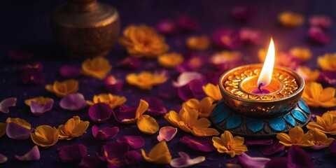 Colorful indian diya oil lamp on purple flower petals background with copy space, Diwali celebration, traditional festival of lights
