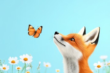 Obraz premium A fox kit playfully chasing a butterfly in a sunny clearing, surrounded by wildflowers