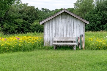 Obraz premium A rustic garden shed surrounded by wildflowers, tall grass, and gardening tools leaning against the wall