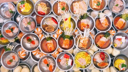 Top view of Dim Sum. Dim Sum. Chinese dim sum in bamboo steamer