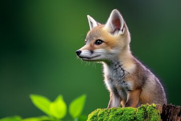 Fototapeta premium A fox standing by a tree stump covered in bright green moss, its ears perked as if listening