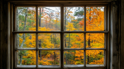 A picturesque view of vibrant autumn foliage through a rustic window.