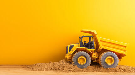 Obraz premium Bright yellow dump truck on sandy construction site