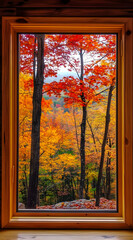 A vibrant autumn scene viewed through a wooden-framed window, showcasing colorful foliage.