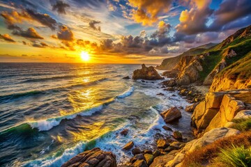 Obraz premium Sunset Seascape: Dramatic Coastal Cliffs, Golden Hour Ocean Photography