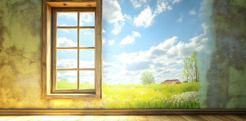A serene view of a grassy landscape through a rustic window.