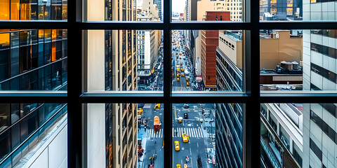 A city street view through a large window, showcasing urban life and traffic.