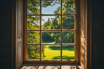 A serene view through a window showcasing lush greenery and a sunny landscape.