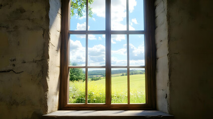 A rustic window framing a picturesque landscape with fields and clouds.