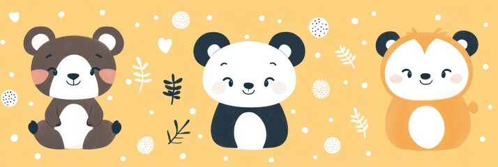 Cute Bear, Panda, and Lion Cub on Yellow Background. Adorable Characters for Children s Designs