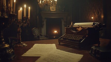Vintage typewriter on antique desk with candles and fireplace in dimly lit room.