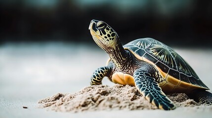 Obraz premium Turtle on sand, eyes closed.