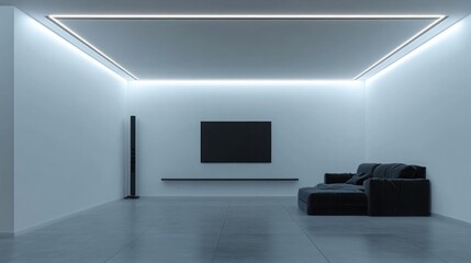 Minimalist modern living room with LED lighting, sofa, and TV.