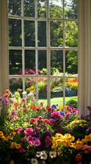 Fototapeta premium A vibrant garden view through a window, showcasing colorful flowers and lush greenery.