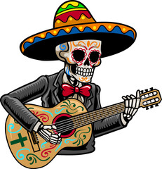 Day of the Dead Mexican Skull Playing Guitar Cartoon Character Illustration