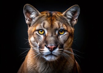 Obraz premium Surreal Big Cat Portrait: Close-up Growling Puma with Striking Eyes, Isolated Black Background