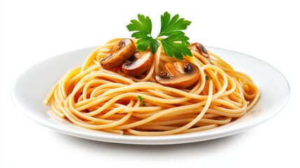 A delicious plate of spaghetti topped with sliced mushrooms and parsley, served in a white dish, showcasing a classic Italian meal.