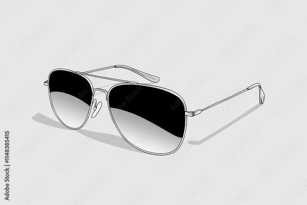 Poster a simple drawing of sunglasses with dark lenses and thin frames, sketched in clean lines on a white 