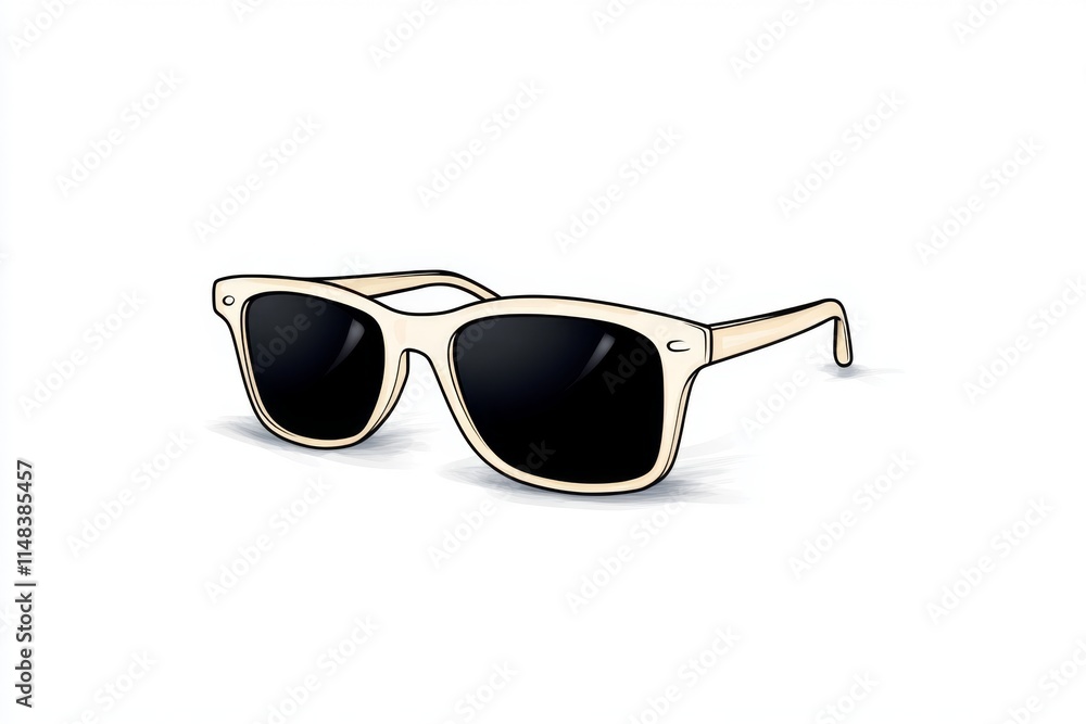 Poster a simple drawing of sunglasses with dark lenses and thin frames, sketched in clean lines on a white 