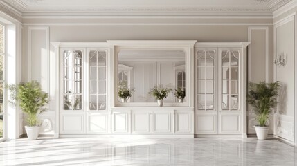 Fototapeta premium Elegant white room interior with glass-door cabinets, marble floor, and potted plants.