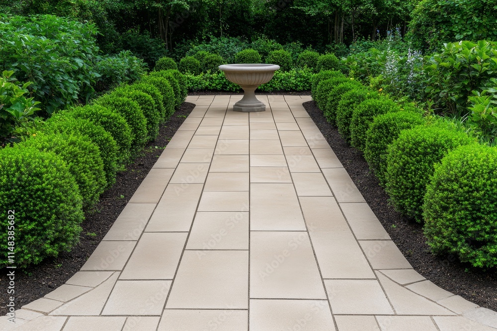 Poster A simple fountain surrounded by symmetrical hedges, creating a geometric and calming garden design