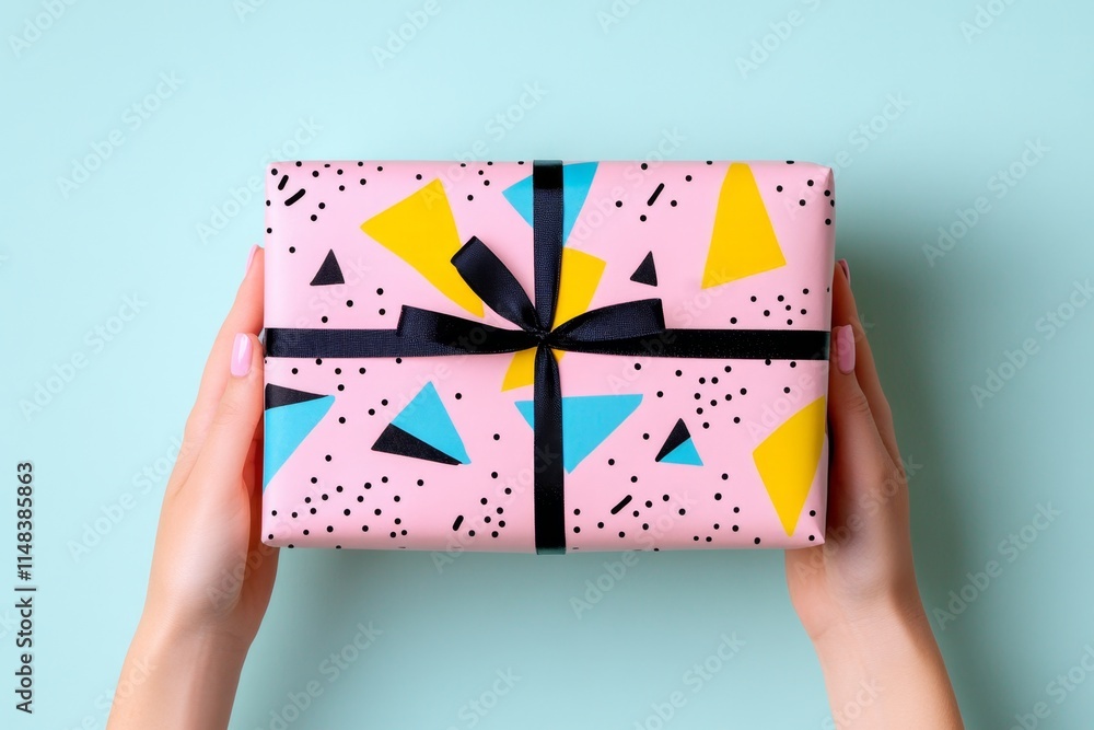 Poster a simple geometric illustration of a wrapped gift with symmetrical patterns, rendered in soft pastel