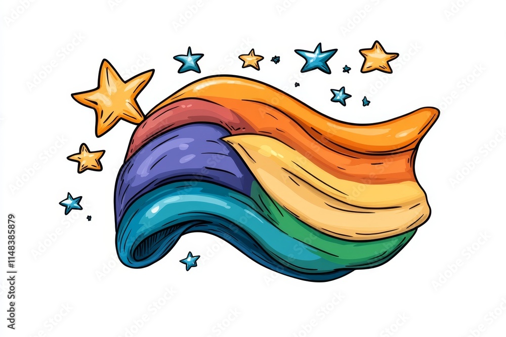 Poster a simple graphic of a rainbow flag flowing in the wind, with bold lines and a clean white background
