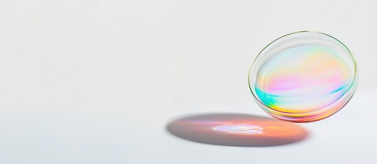 Iridescent glass disc with colorful reflection and shadow on white background.