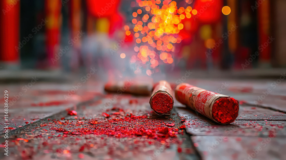 Poster close up of colorful firecrackers exploding in a vibrant shower of sparks